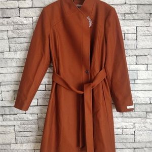 Long Belted Wrap Coat, Camel Wool Blend